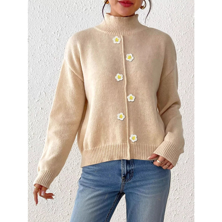 Floral Applique Turtleneck Sweater Apparel and Accessories