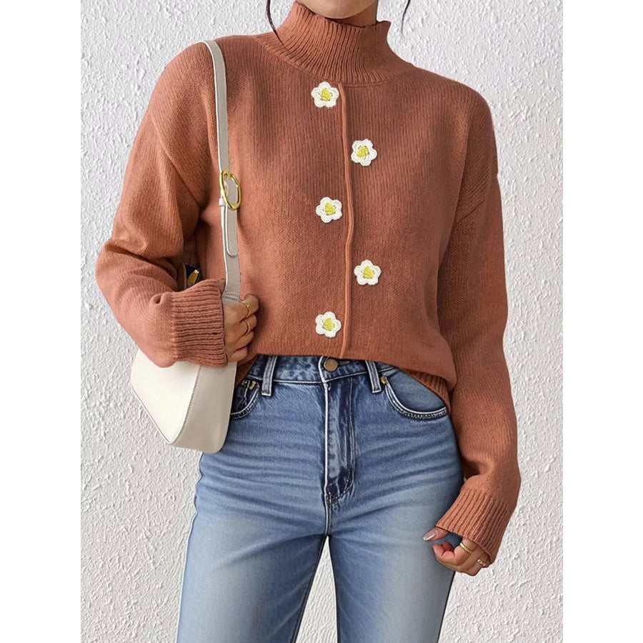 Floral Applique Turtleneck Sweater Apparel and Accessories
