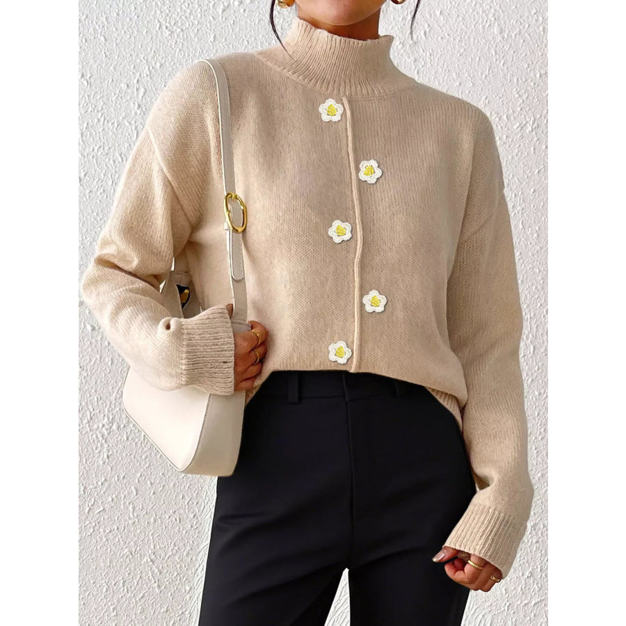 Floral Applique Turtleneck Sweater Apparel and Accessories