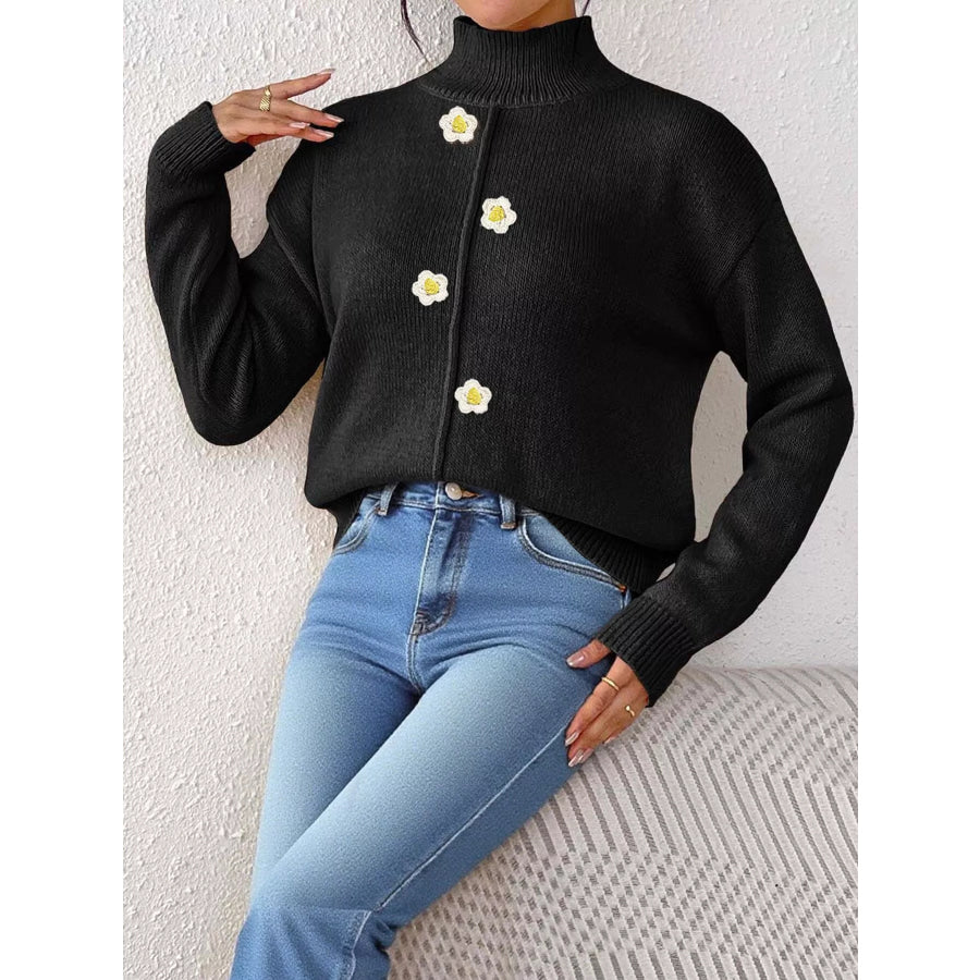 Floral Applique Turtleneck Sweater Apparel and Accessories