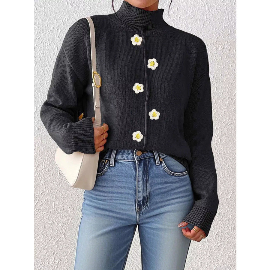 Floral Applique Turtleneck Sweater Black / S Apparel and Accessories