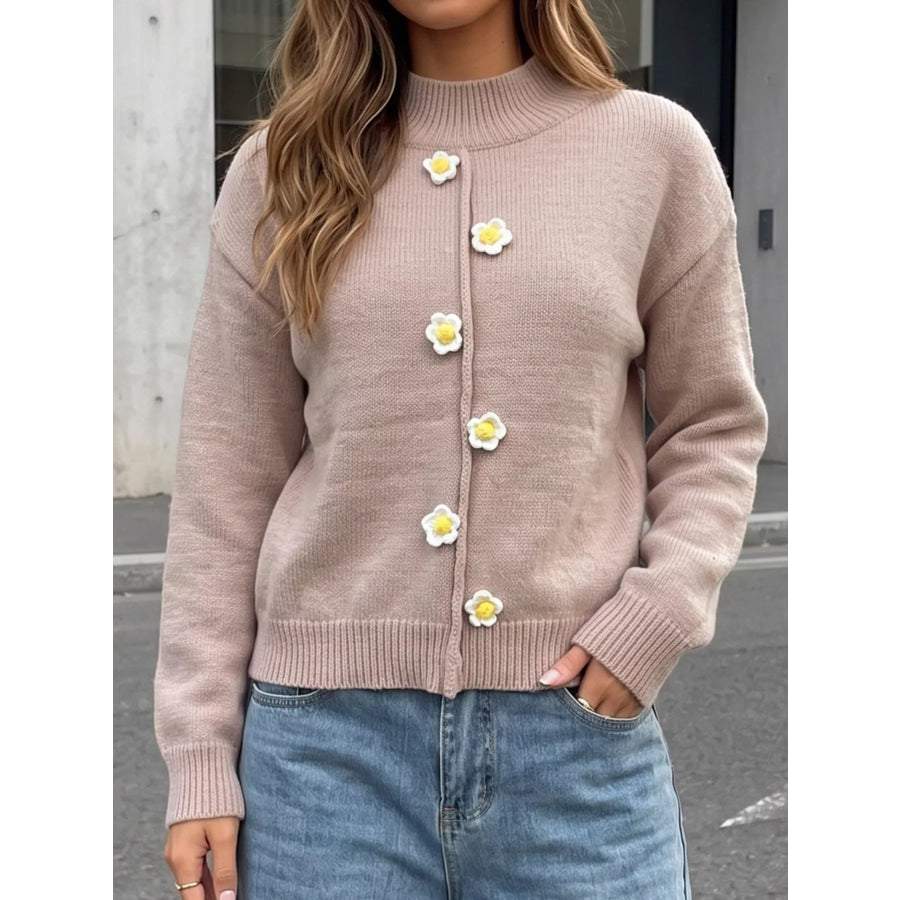Floral Applique Turtleneck Sweater Dust Storm / S Apparel and Accessories