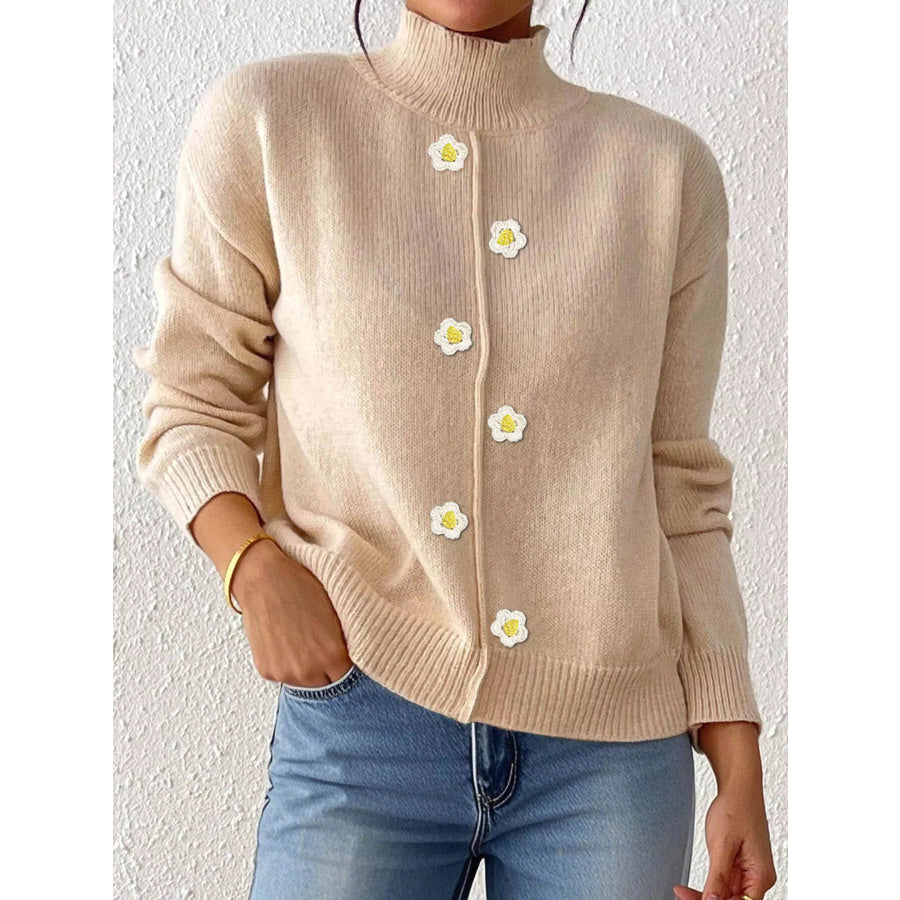 Floral Applique Turtleneck Sweater Khaki / S Apparel and Accessories