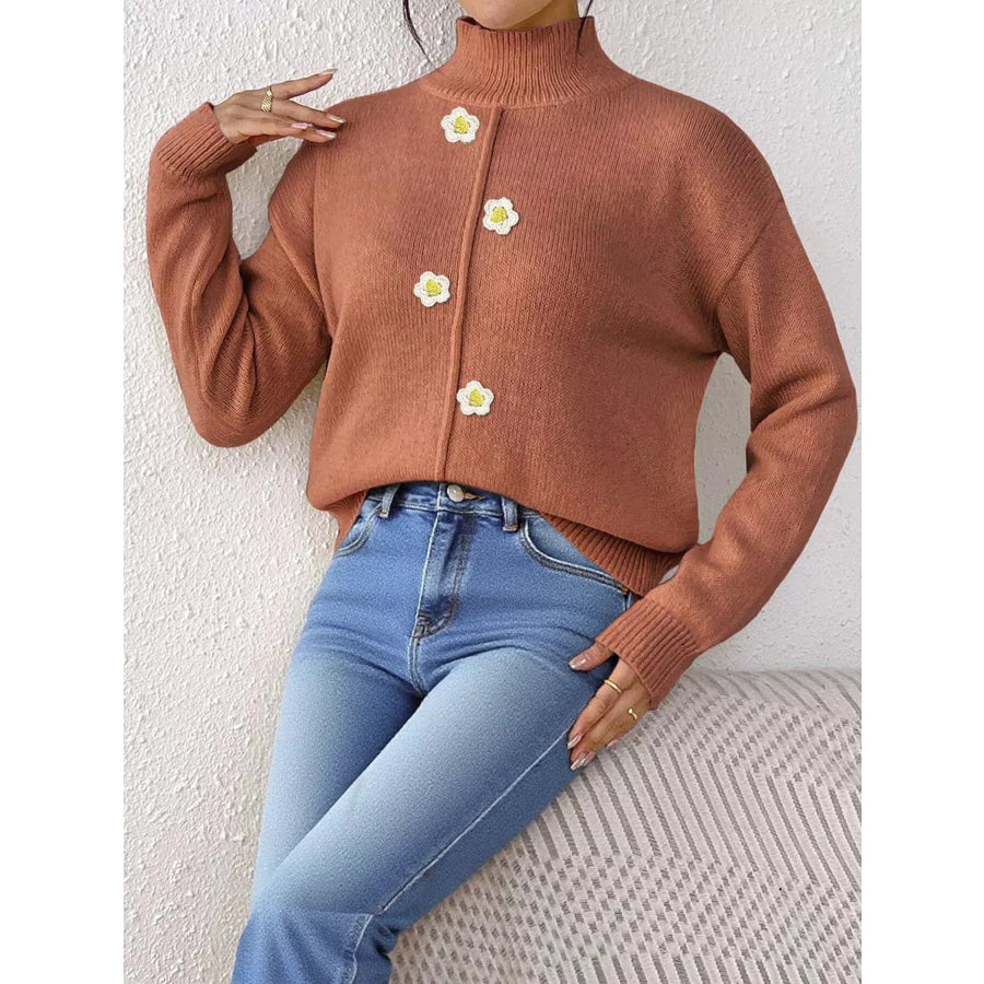 Floral Applique Turtleneck Sweater Ochre / S Apparel and Accessories