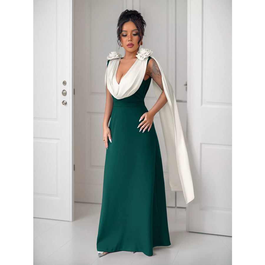 Floral Applique Two Tone Maxi Dress Apparel and Accessories