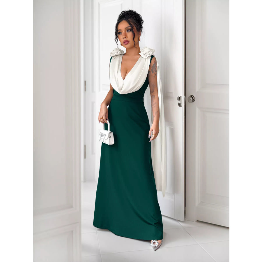 Floral Applique Two Tone Maxi Dress Apparel and Accessories