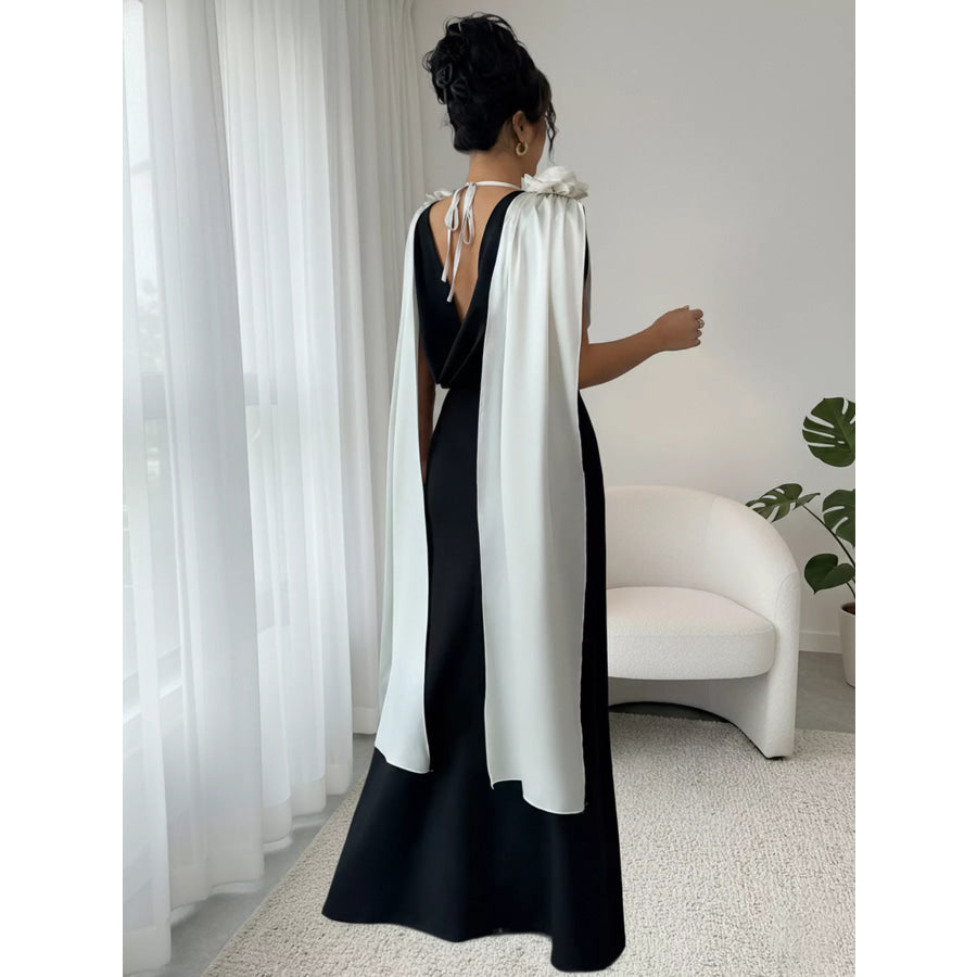 Floral Applique Two Tone Maxi Dress Apparel and Accessories