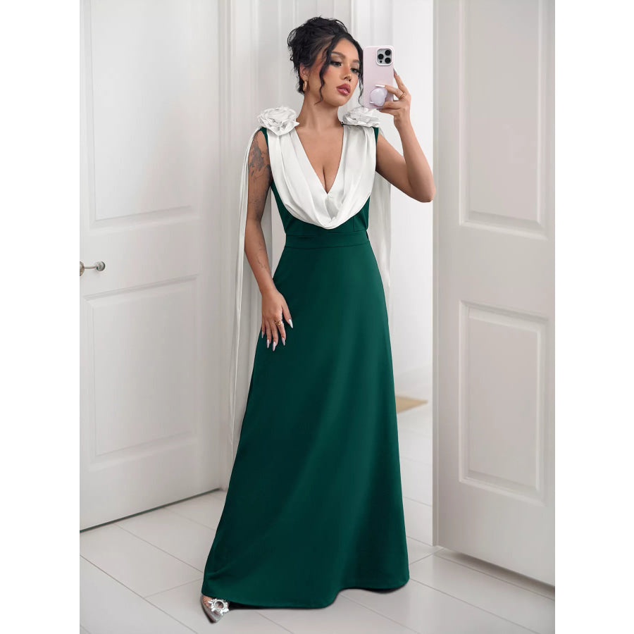 Floral Applique Two Tone Maxi Dress Apparel and Accessories