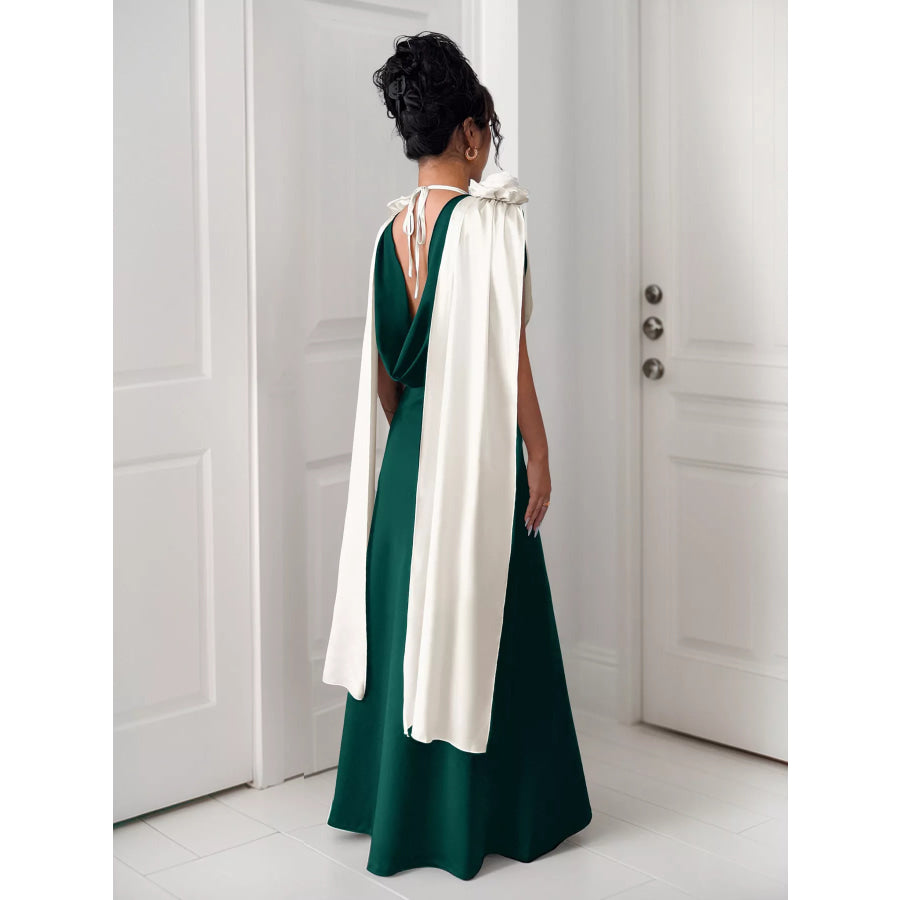 Floral Applique Two Tone Maxi Dress Apparel and Accessories