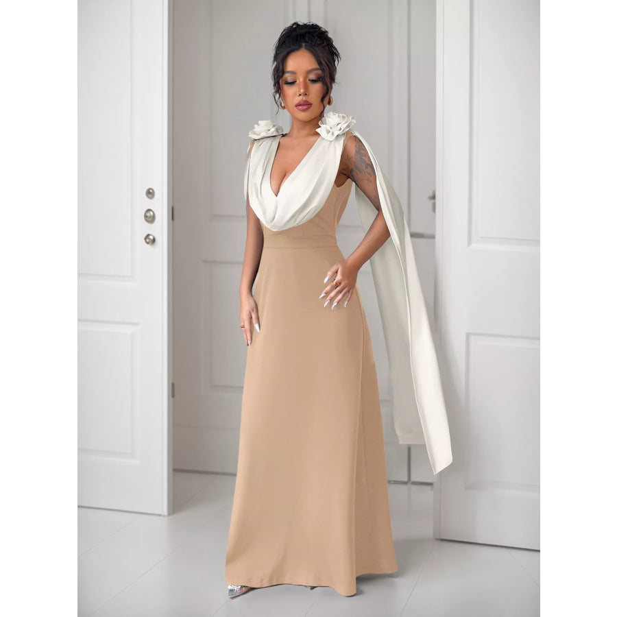 Floral Applique Two Tone Maxi Dress Apparel and Accessories
