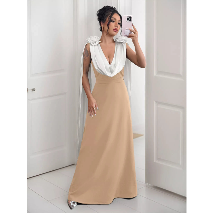 Floral Applique Two Tone Maxi Dress Apparel and Accessories