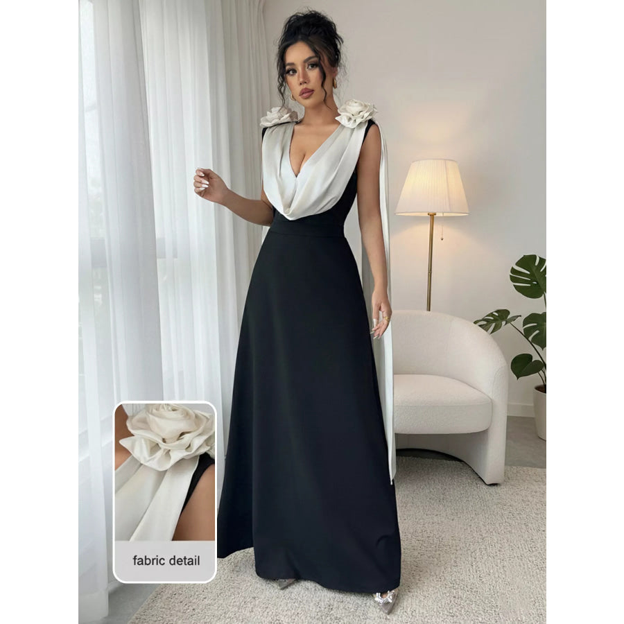 Floral Applique Two Tone Maxi Dress Apparel and Accessories