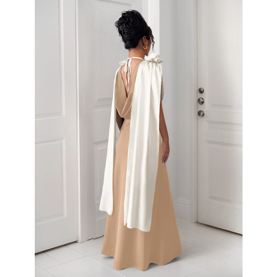 Floral Applique Two Tone Maxi Dress Apparel and Accessories