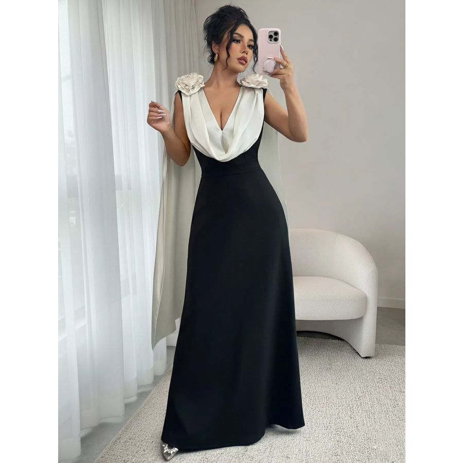 Floral Applique Two Tone Maxi Dress Black / S Apparel and Accessories