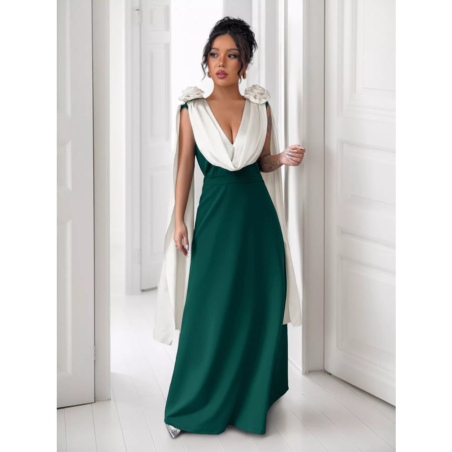 Floral Applique Two Tone Maxi Dress Dark Green / S Apparel and Accessories