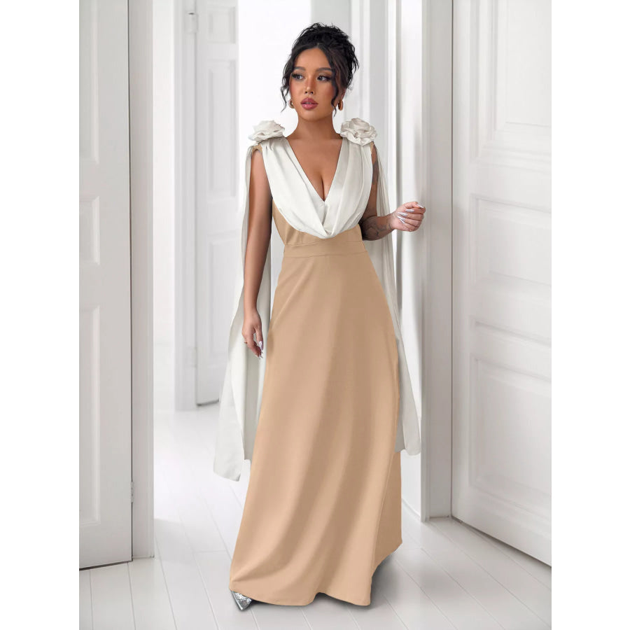 Floral Applique Two Tone Maxi Dress Khaki / S Apparel and Accessories