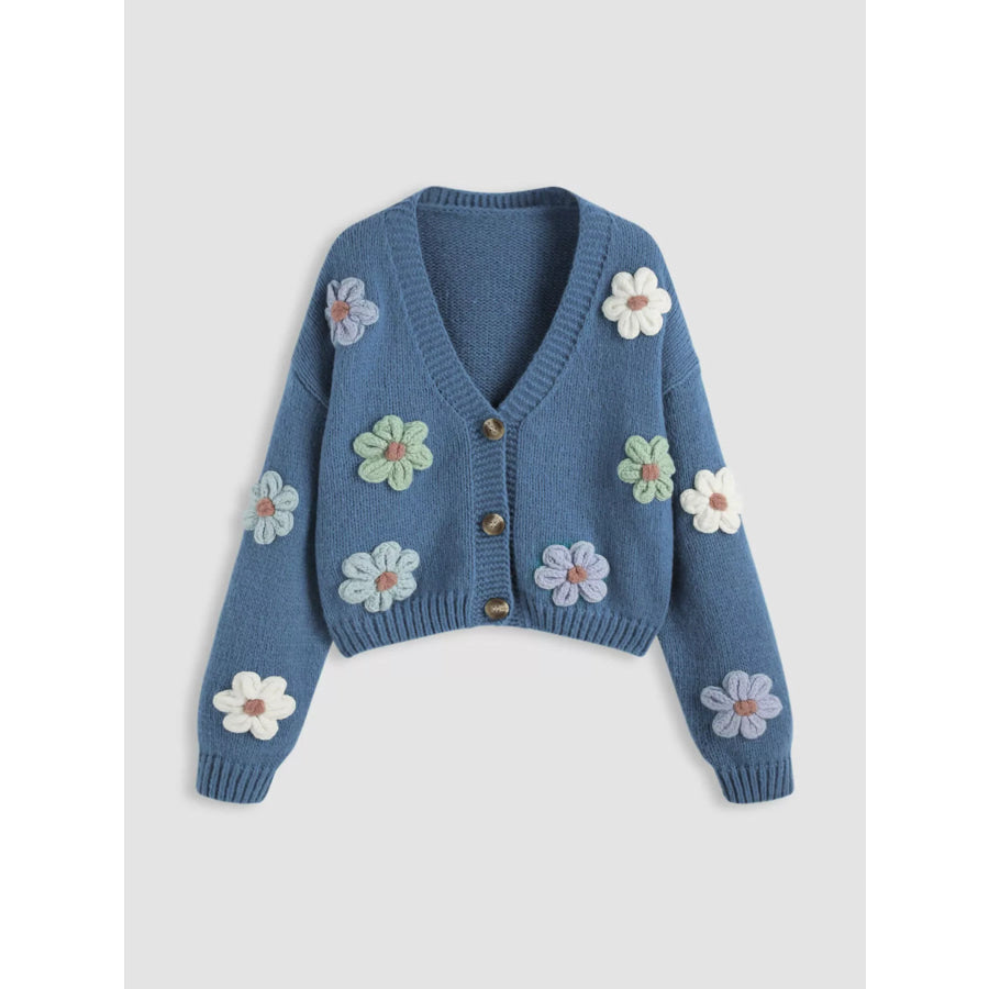 Floral Applique V-Neck Knit Cardigan Blue / S Apparel and Accessories