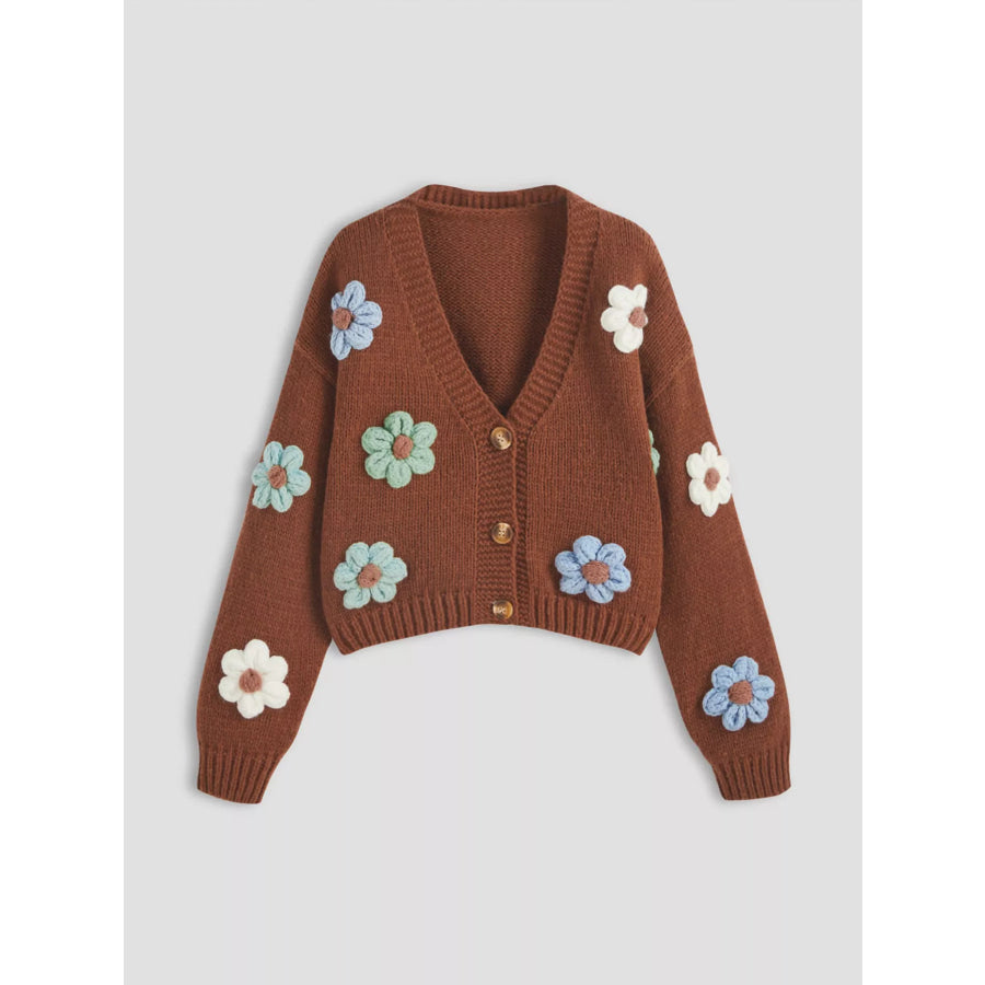 Floral Applique V-Neck Knit Cardigan Dark Brown / S Apparel and Accessories