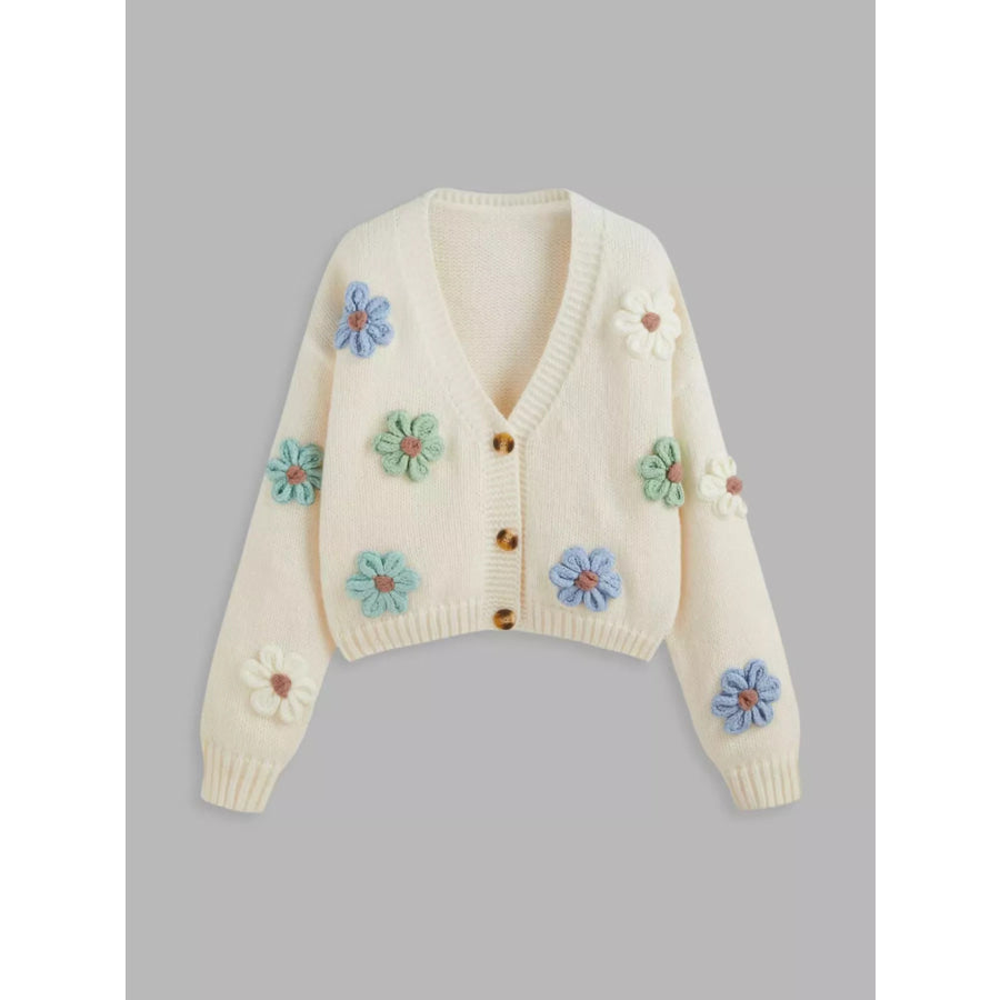 Floral Applique V-Neck Knit Cardigan White / S Apparel and Accessories