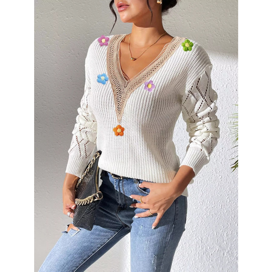 Floral Applique V-Neck Openwork Sweater Apparel and Accessories