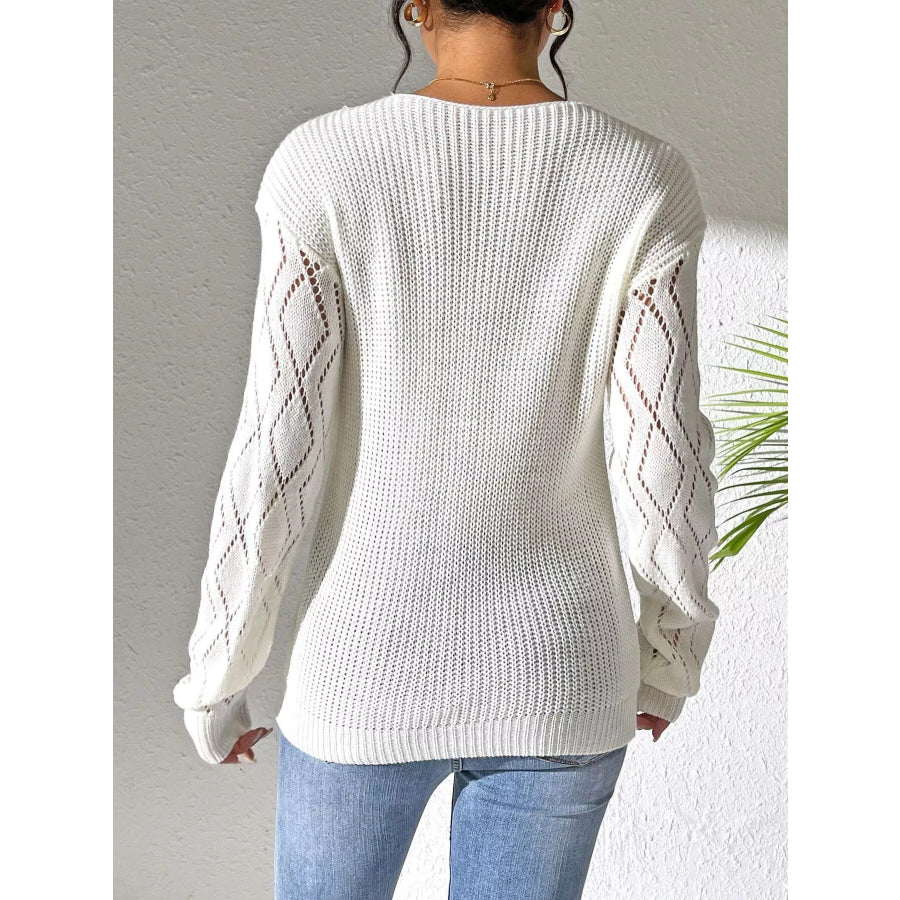 Floral Applique V-Neck Openwork Sweater Apparel and Accessories