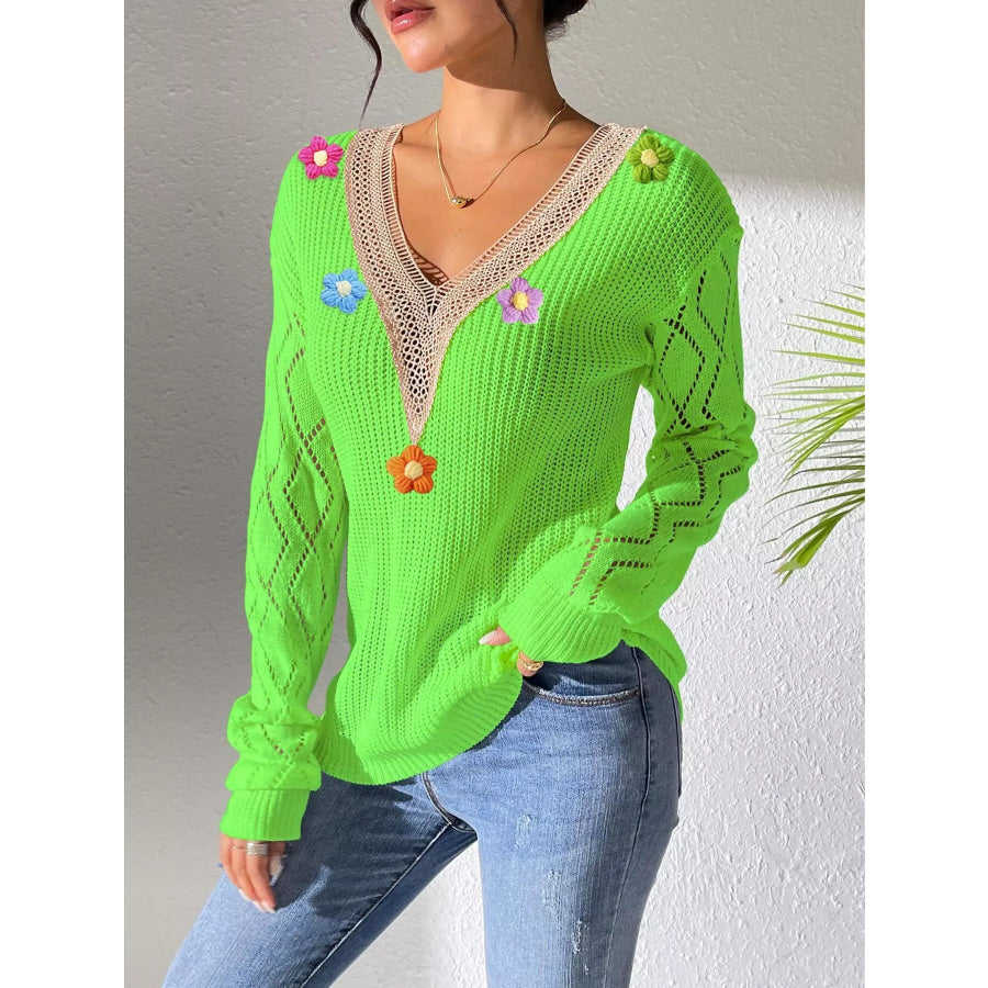 Floral Applique V-Neck Openwork Sweater Apparel and Accessories