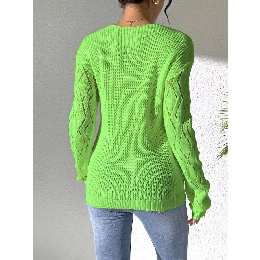 Floral Applique V-Neck Openwork Sweater Apparel and Accessories