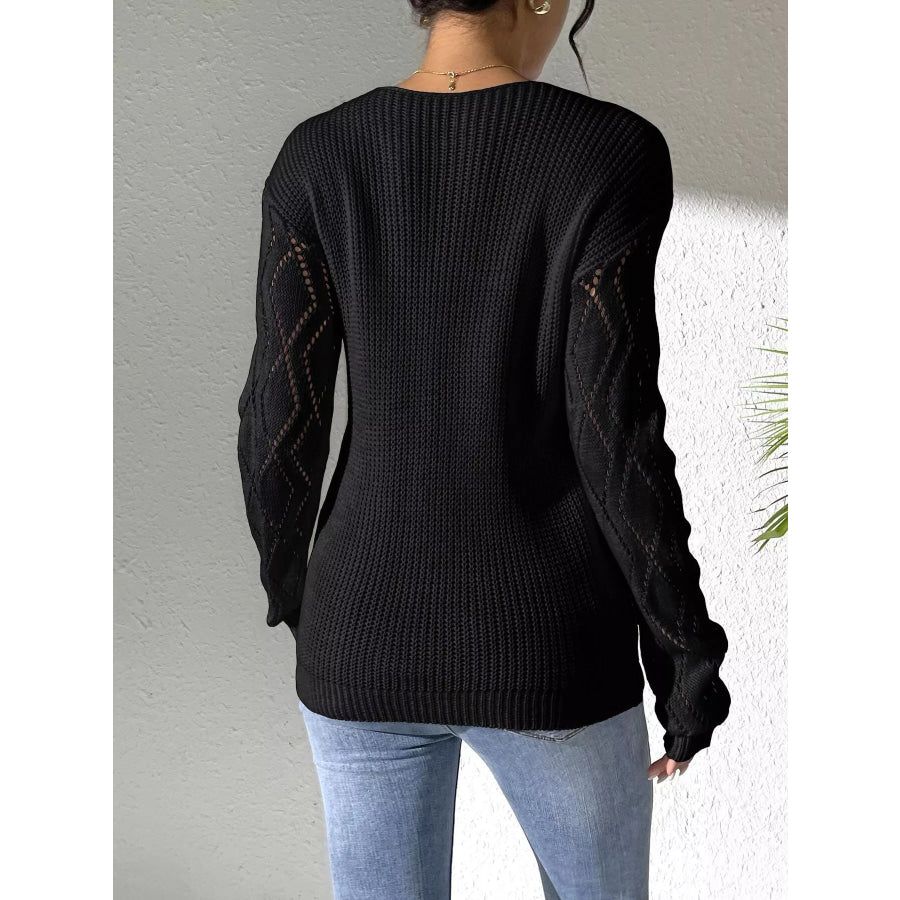 Floral Applique V-Neck Openwork Sweater Apparel and Accessories