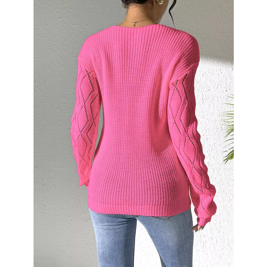 Floral Applique V-Neck Openwork Sweater Apparel and Accessories