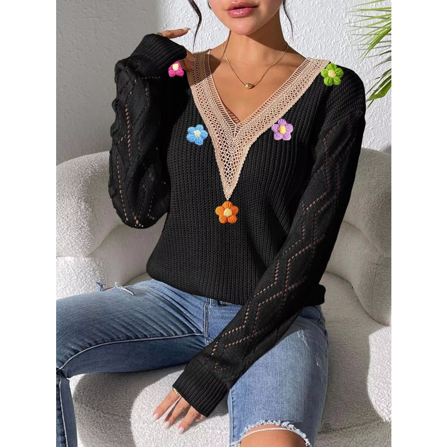 Floral Applique V-Neck Openwork Sweater Apparel and Accessories