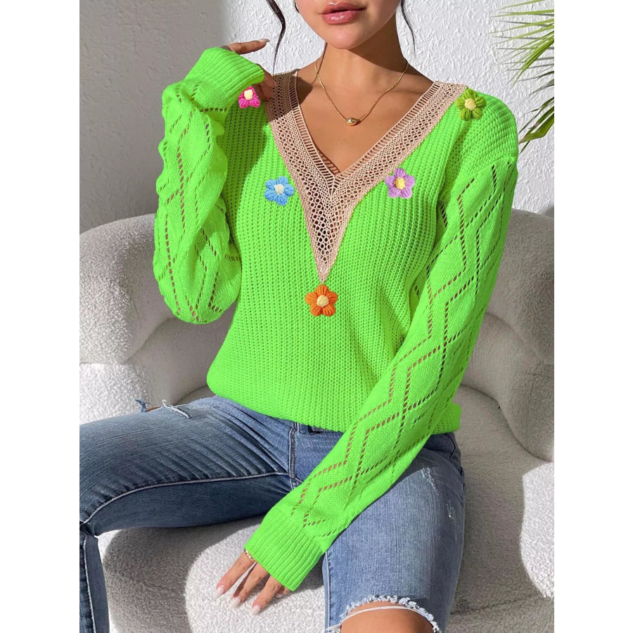 Floral Applique V-Neck Openwork Sweater Apparel and Accessories