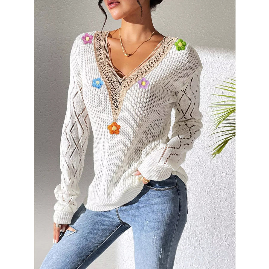 Floral Applique V-Neck Openwork Sweater Apparel and Accessories