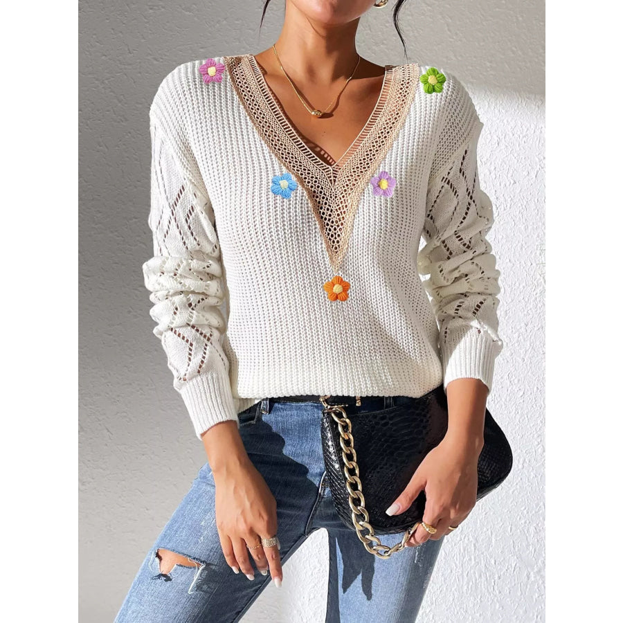 Floral Applique V-Neck Openwork Sweater Apparel and Accessories