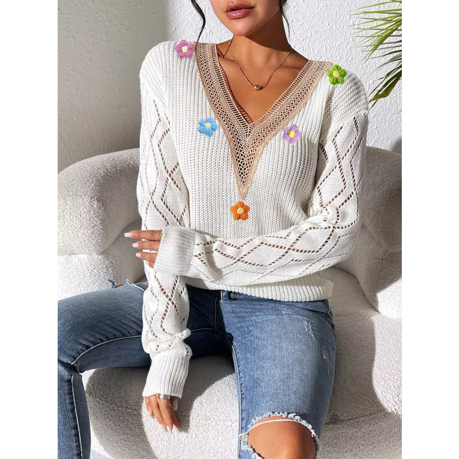 Floral Applique V-Neck Openwork Sweater Apparel and Accessories