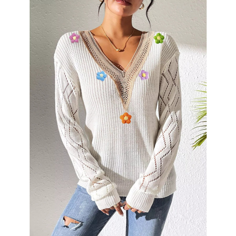 Floral Applique V-Neck Openwork Sweater Apparel and Accessories