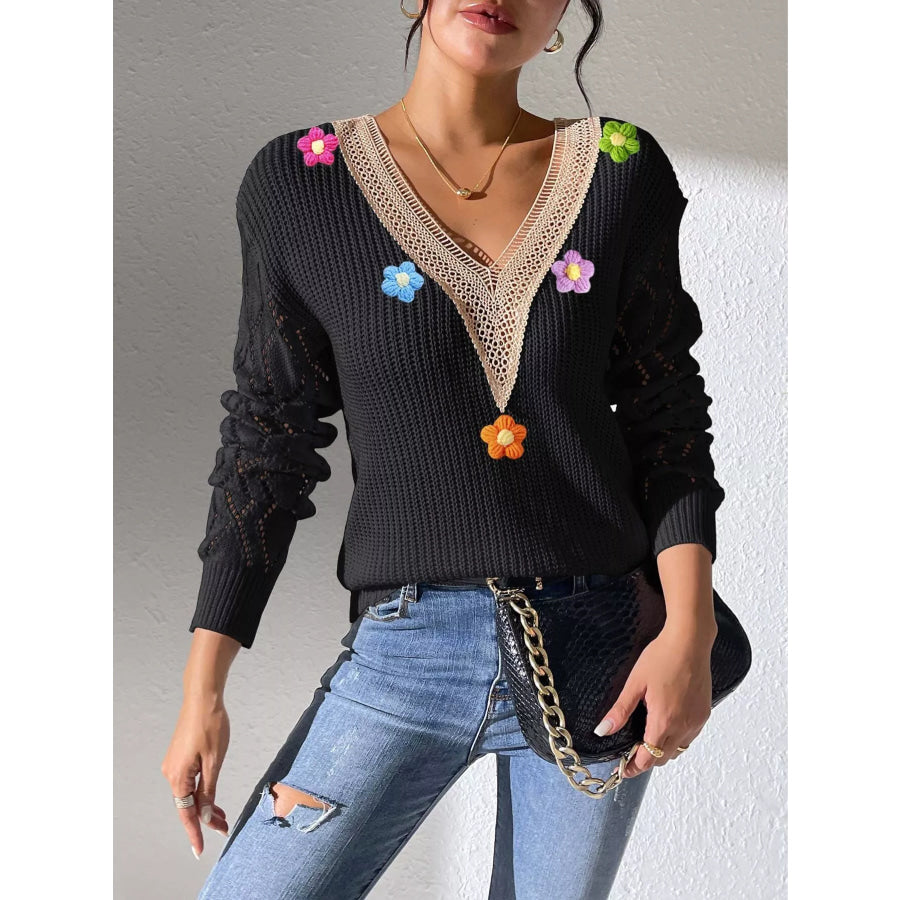 Floral Applique V-Neck Openwork Sweater Black / S Apparel and Accessories