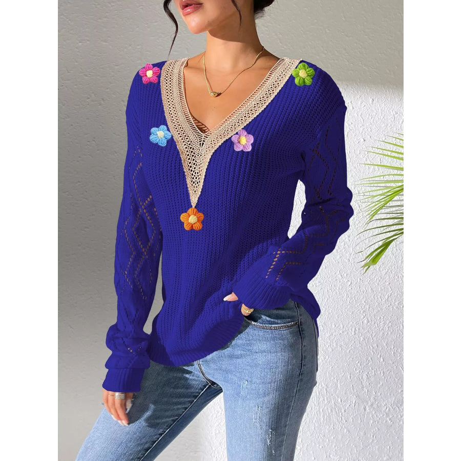 Floral Applique V-Neck Openwork Sweater Dark Blue / S Apparel and Accessories