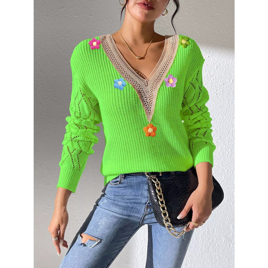 Floral Applique V-Neck Openwork Sweater Green / S Apparel and Accessories