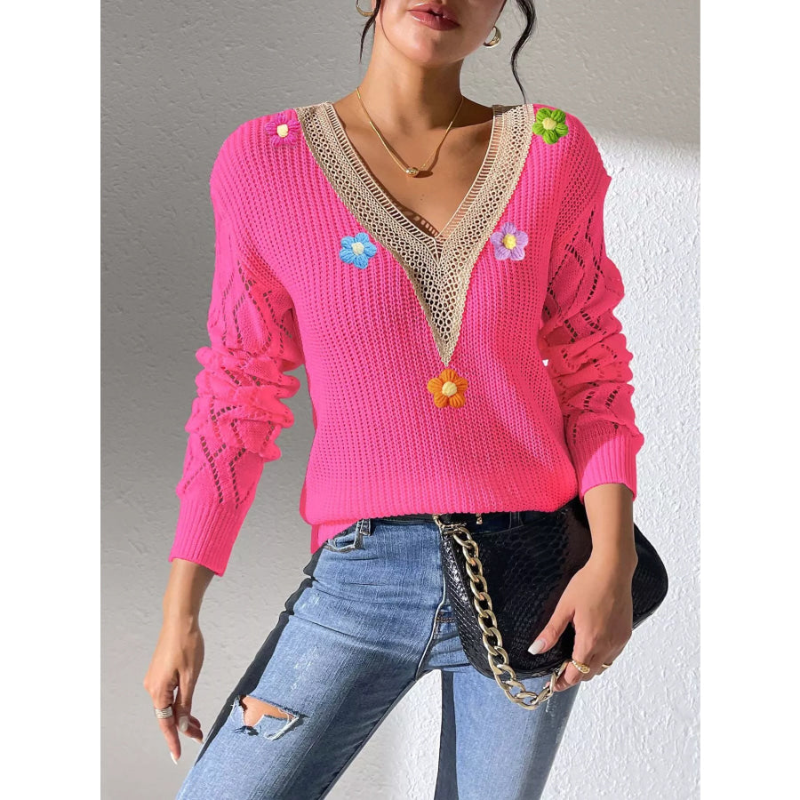 Floral Applique V-Neck Openwork Sweater Rose Red / S Apparel and Accessories