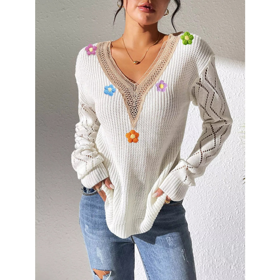 Floral Applique V-Neck Openwork Sweater White / S Apparel and Accessories