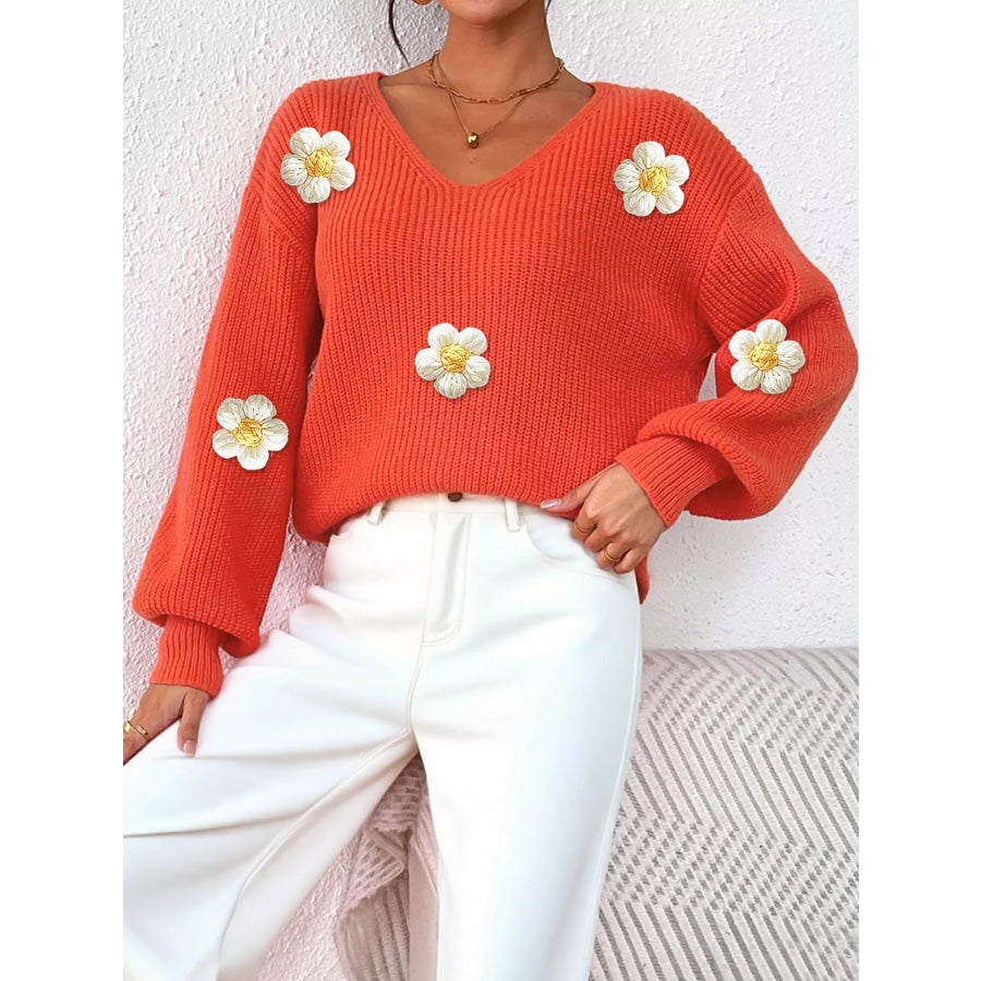 Floral Applique V-Neck Sweater Orange / S Apparel and Accessories