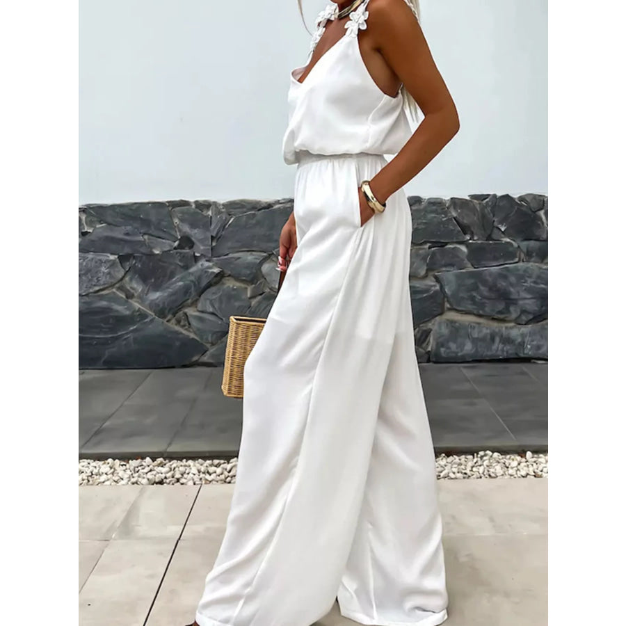Floral Applique V-Neck Wide Leg Jumpsuit Apparel and Accessories