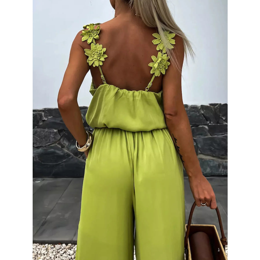 Floral Applique V-Neck Wide Leg Jumpsuit Apparel and Accessories