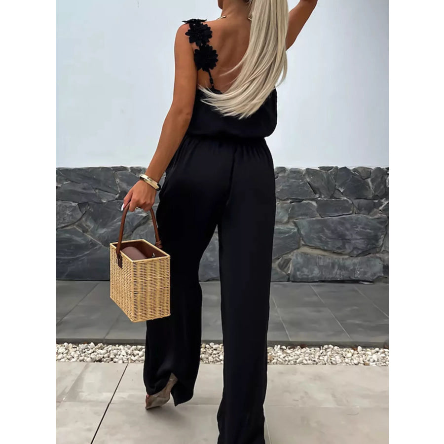 Floral Applique V-Neck Wide Leg Jumpsuit Apparel and Accessories