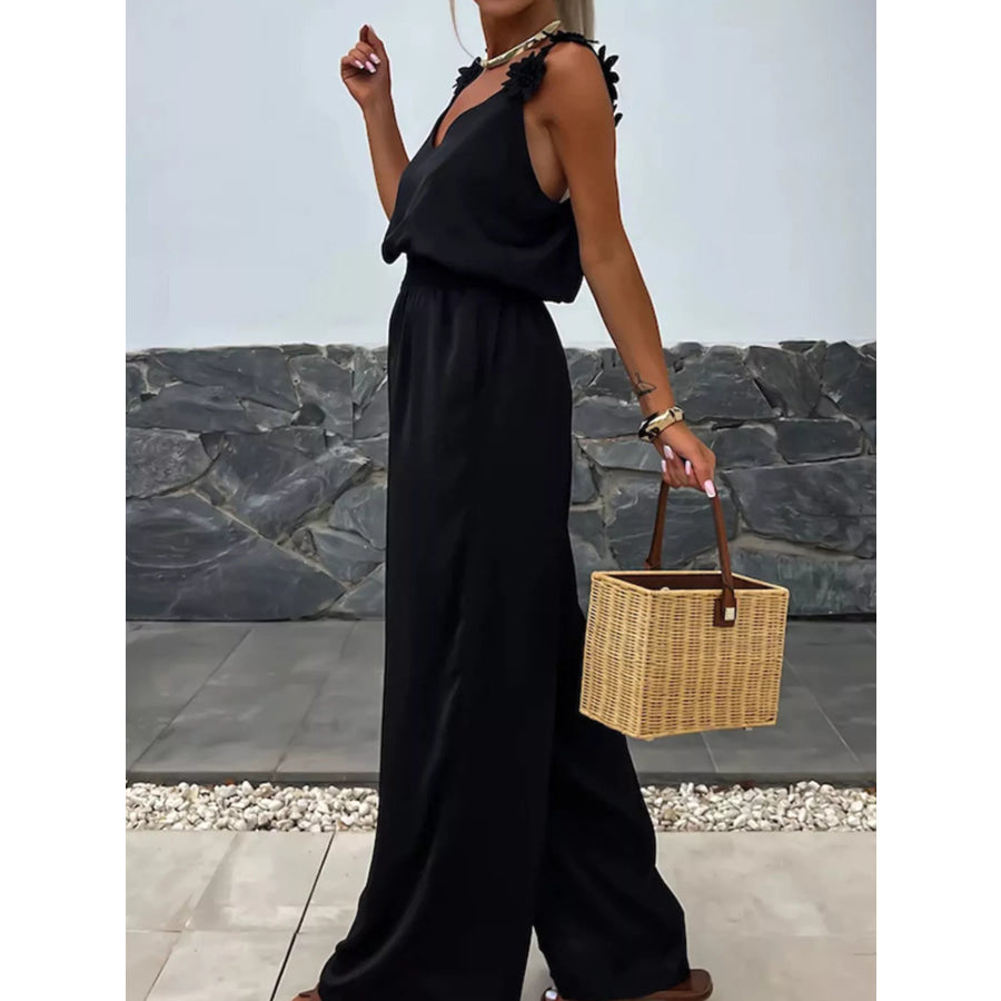 Floral Applique V-Neck Wide Leg Jumpsuit Apparel and Accessories