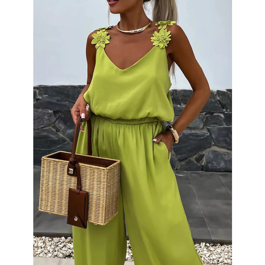 Floral Applique V-Neck Wide Leg Jumpsuit Apparel and Accessories