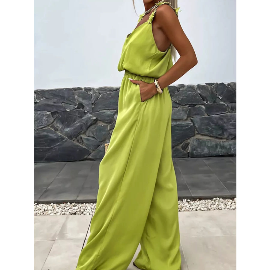 Floral Applique V-Neck Wide Leg Jumpsuit Apparel and Accessories