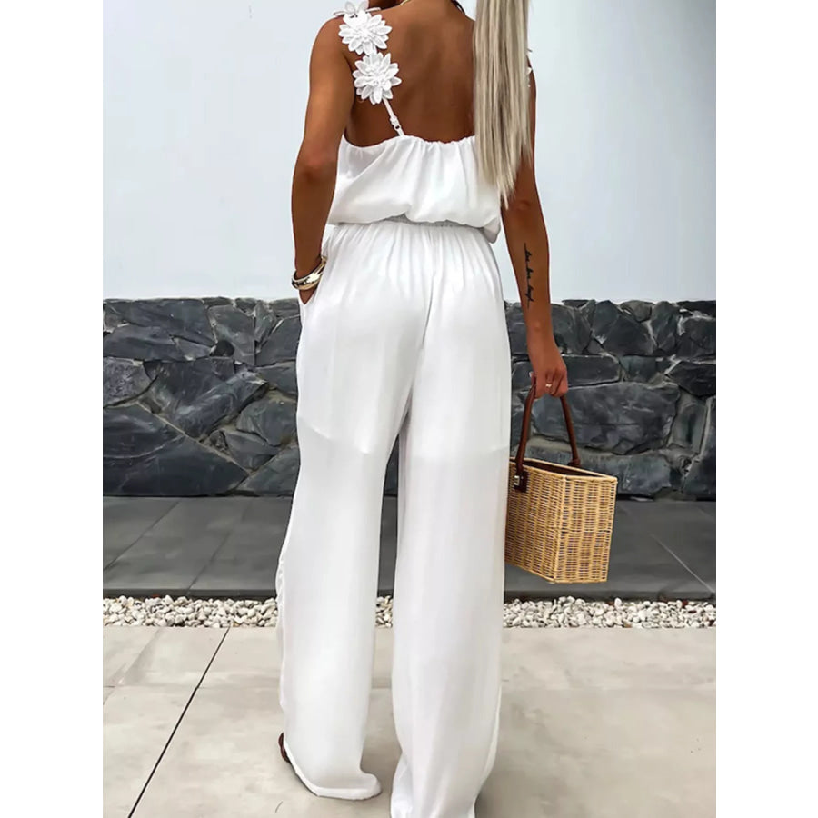 Floral Applique V-Neck Wide Leg Jumpsuit Apparel and Accessories