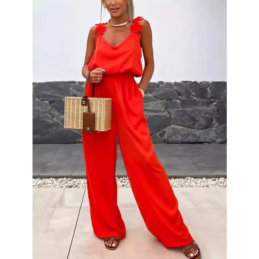 Floral Applique V-Neck Wide Leg Jumpsuit Apparel and Accessories