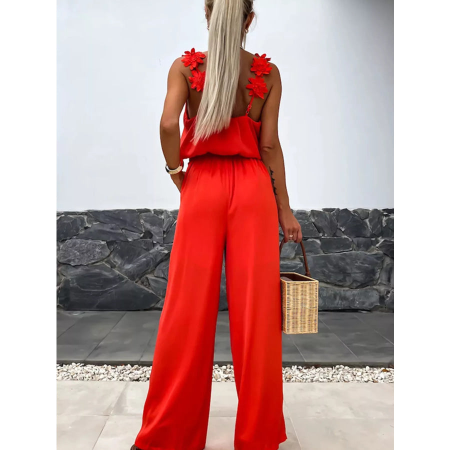 Floral Applique V-Neck Wide Leg Jumpsuit Apparel and Accessories
